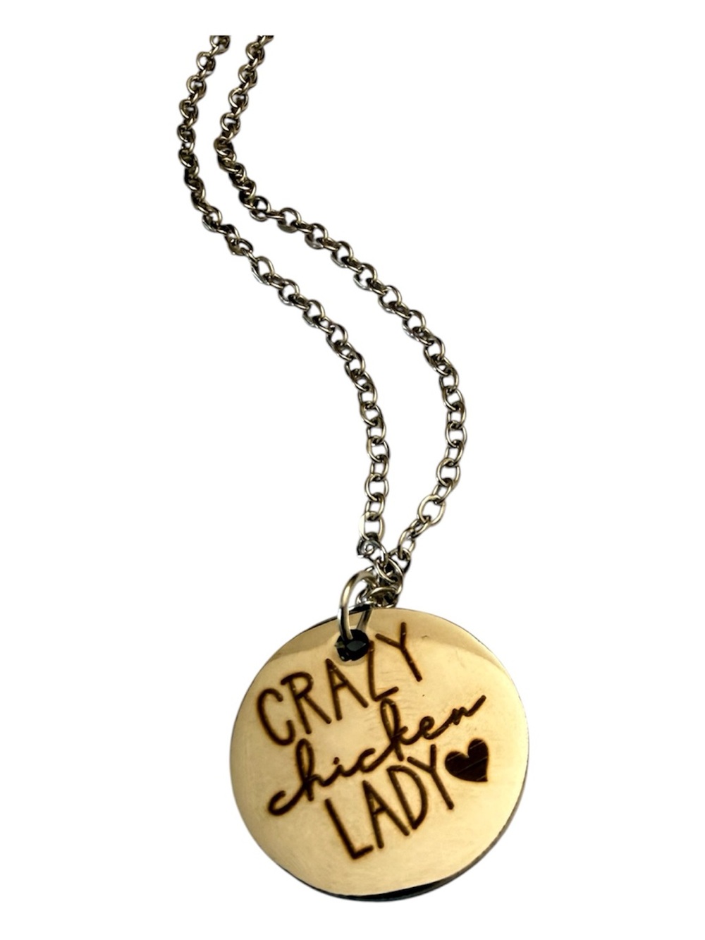 Stainless Steel Crazy Chicken Lady Etched Necklace